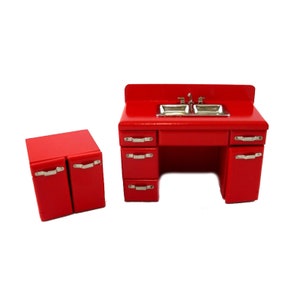 Dolls House Retro 1950&#39;s Red Double Sink Miniature 1:12 Kitchen Furniture