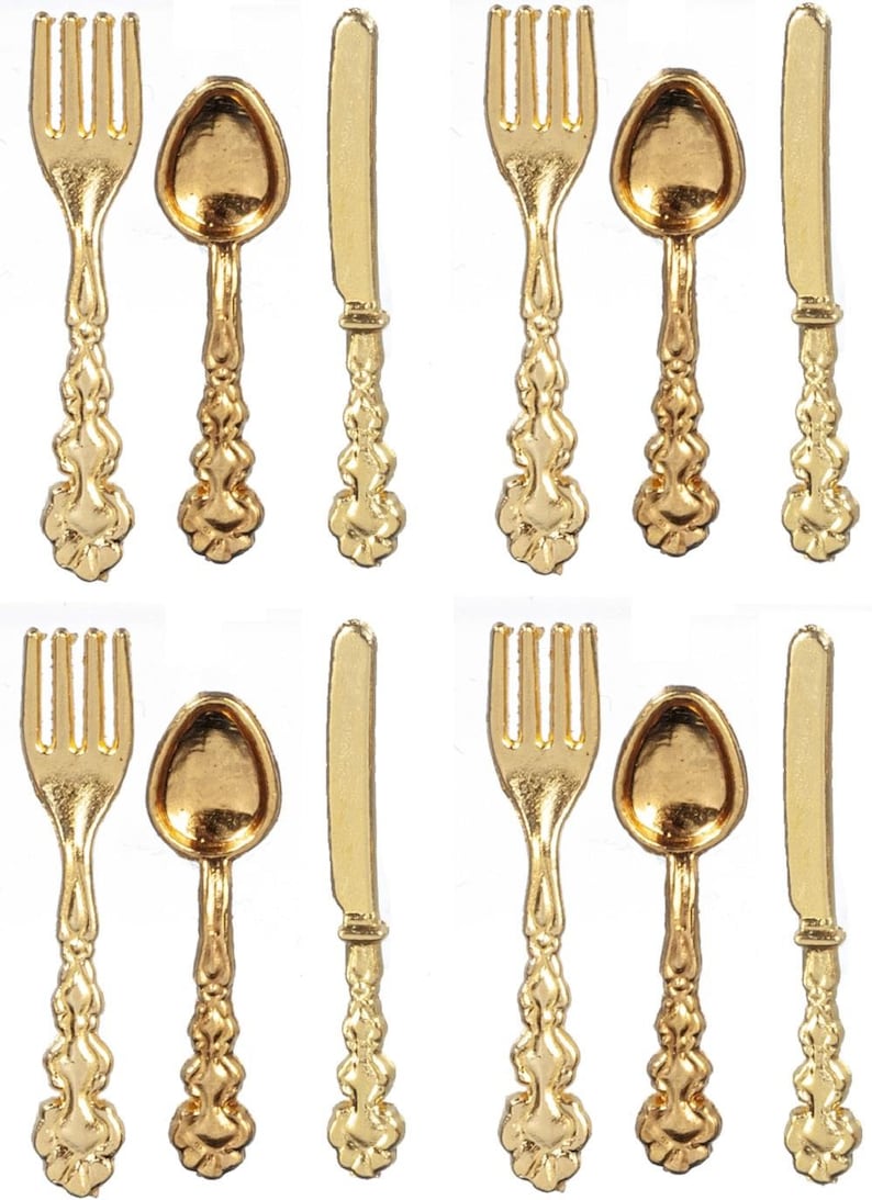 Dolls House Gold Cutlery Silverware Set Miniature Tableware Dining Room ...