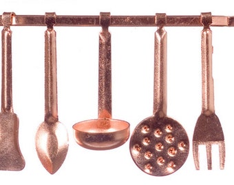Dolls House Miniature 1:12 Scale Kitchen Accessory Copper Hanging Utensils and Rack