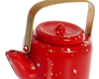 May include: Red enamel teapot with white polka dots and a gold handle.
