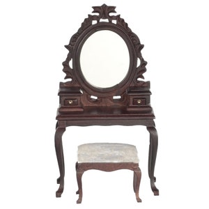 Dolls House Mahogany Dressing Table &amp; Stool Miniature Bedroom Vanity Furniture