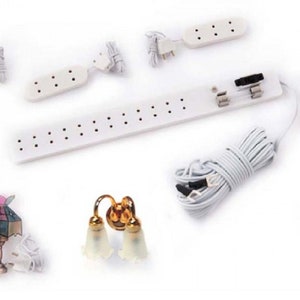 Dolls House Electric Light Starter Kit 4 Lights Socket Strip Extension Leads 12V