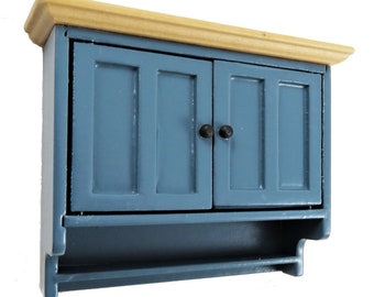 Dolls House Blue &amp; Pine Double Wall Cupboard Modern Miniature Kitchen Furniture