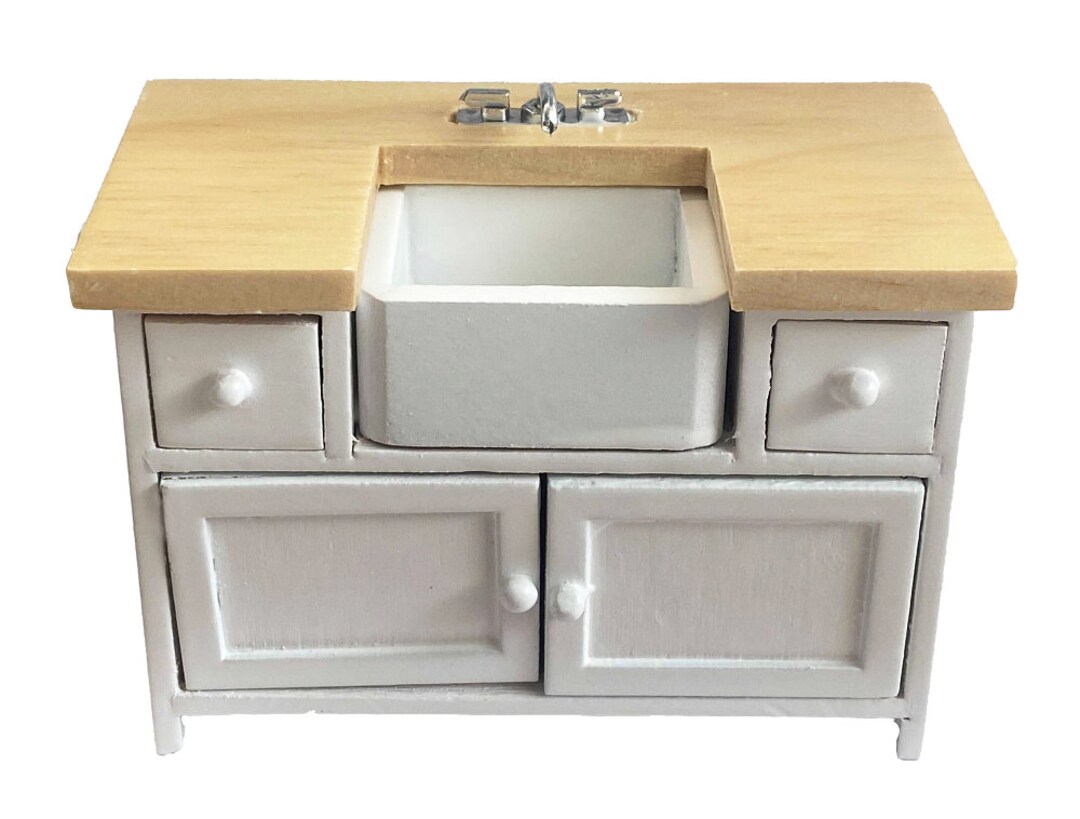 Dolls House White & Oak Modern Belfast Sink Unit Miniature Kitchen ...