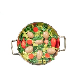 Dolls House Vegetables Cooking in Silver Frying Pan Miniature Kitchen Accessory