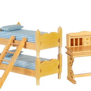 Puppenhaus Eiche Schlafzimmer Möbel Set mit Hochbett & Schreibtisch Miniatur 1:12