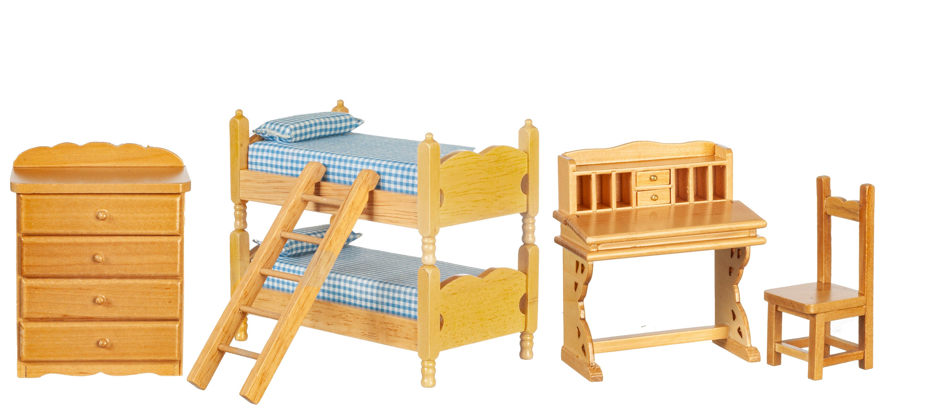 Dolls House Oak Bedroom Furniture Set with Bunk Bed \u0026 Desk Miniature 1:12  Scale, image size:3000x1344