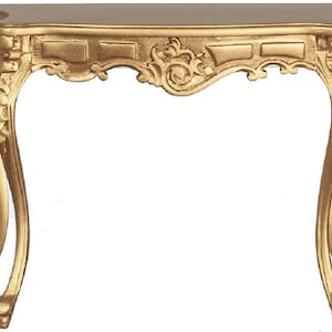 May include: A gold-painted wooden console table with ornate carvings and curved legs.