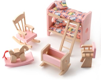 Dolls House Pink Wooden Nursery Bedroom Set Miniature 3 Years Plus Furniture