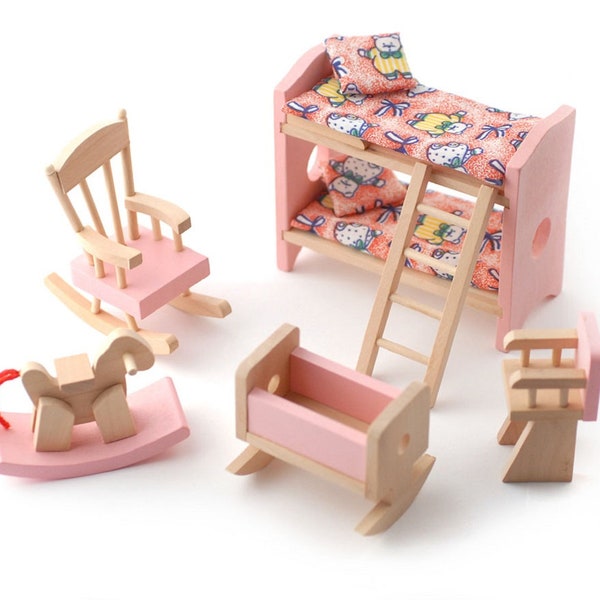 Maison de poupées rose en bois chambre d'enfant chambre à coucher miniature 3 ans et plus meubles