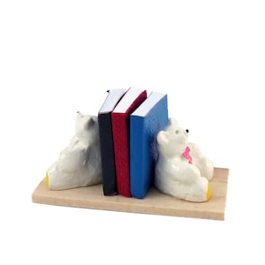 Dolls House Teddy Bear Books in Bookends Miniature Nursery Toy Shop Accessory