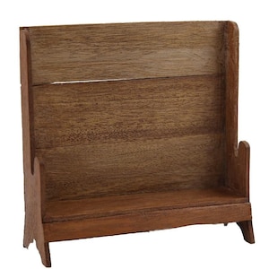 May include: A wooden bench with a high back and a single shelf. The bench is made of dark brown wood and has a rustic appearance.