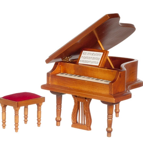 Maison de poupées Piano à queue en noyer et tabouret de banc Meubles de salle de musique miniatures