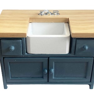 Dolls House Blue &amp; Oak Modern Belfast Sink Unit Miniature Kitchen Furniture 1:12
