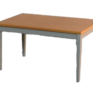 May include: A rectangular wooden table with a light wood top and grey painted legs. The table has a simple design with straight lines and a smooth finish.