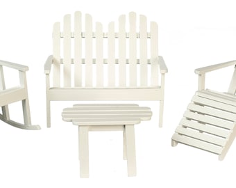 Dolls House White Patio Set Adirondack Meubles de jardin en bois miniatures 1:12