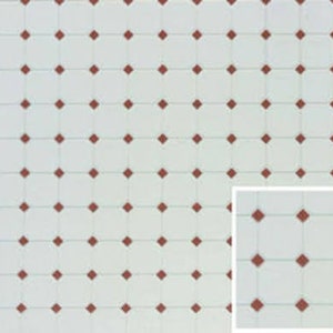 Pode incluir: Azulejo branco com um padrão repetitivo de pequenos diamantes vermelhos. O azulejo é um design comum para cozinhas e banheiros.