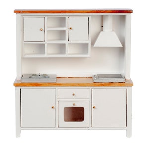 Dolls House White &amp; Oak Complete Modern Kitchen Unit with Sink Oven Hob 1:12