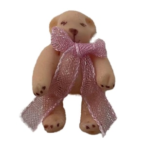 Dolls House Small Teddy with Pink Bow Miniature Nursery Toy Shop Accessory 1:12