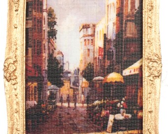 Melody Jane Falcon Miniatur-Gemälde Für Puppenhaus – Stadtstraßen-Szene Mit Goldenem Rahmen, Maßstab 1:12