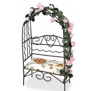 Dolls House Brown Arbour Bench &amp; Cream Cushion 1:12 Reutter Garden Furniture