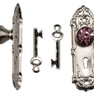 Dolls House Satin Nickel Door Handle with Purple Crystal Knob &amp; Keys
