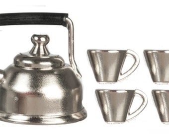 Dolls House Chrome Kettle & Mug Cup Set Miniature Kitchen Accessory 1:12 Scale