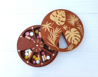 Monstera Wooden Pill Box 7 Day,  Weekly Vitamin Organizer, Decorative pill case
