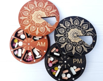 Wooden AM/PM Pill Box Set, Weekly Organizer, Magnetic vitamin case