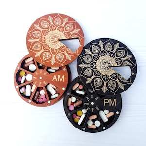 AM & PM wood pill boxes 7 day set of 2, Weekly pill boxes,7 day pill organizers day and night, am/pm pill cases, Pill storage twice a day