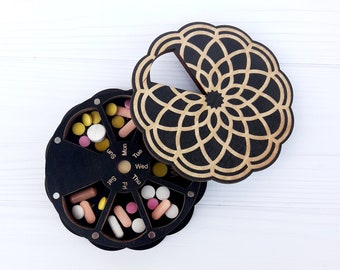 Wooden 7-Day Pill Box, Portable Weekly Pill Organizer