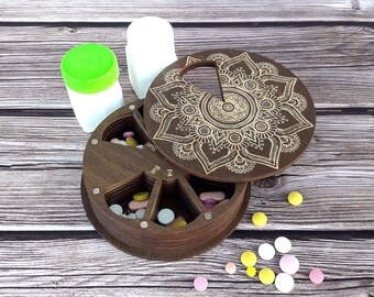 Large 7-Day Wooden Pill Box, Decorative pill Organizer, Vitamin holder