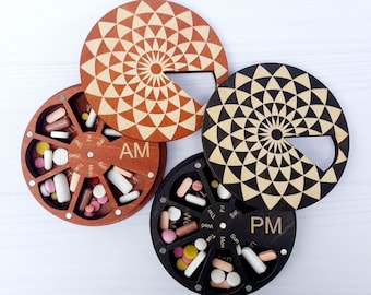 Wooden AM/PM Pill Box Set of 2, 7-Day Weekly Vitamin Case, Pill organizer
