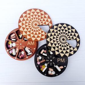 Wooden AM & PM pill boxes 7 day set of 2, 7 day pill organizers twice a day, Weekly vitamin organizer, Daily pill case, am pm pill container