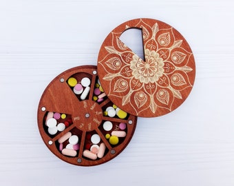 Wooden mandala pill box 7-Day, Meds Organizer, Daily pill holder, Medicine container