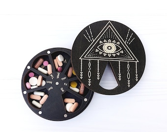 All Seeing Eye Wooden Pill Box 7 Day, Weekly pill organizer, Rotating medicine boxes