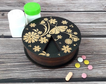 Large 7-Day Wooden Pill Box, Butterfly and flowers weekly pill organizer, Round Medicine Boxes