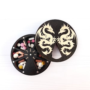 7 day pill organizer, Wooden dragons pill box, Weekly pill holder, Cute pill case, Vitamin organizer, 50th birthday mens gift, Medicine box