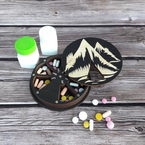Wood 7-Day Pill Organizer:mountains design, Rotating pill box, Vitamin organizer