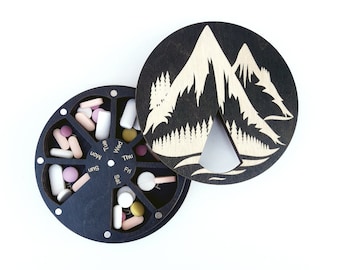Wooden 7 Day Pill Box: Mountain Design, Weekly pill case, Vitamin container