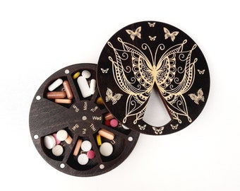 Butterfly Wood Pill Box 7 Day, Vitamin Organizer, Weekly pill case, Rotating pills holder