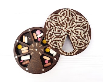 Celtic Wooden Pill Box 7 Day, Weekly Medicine Organizer, Pill holder, Vitamin container