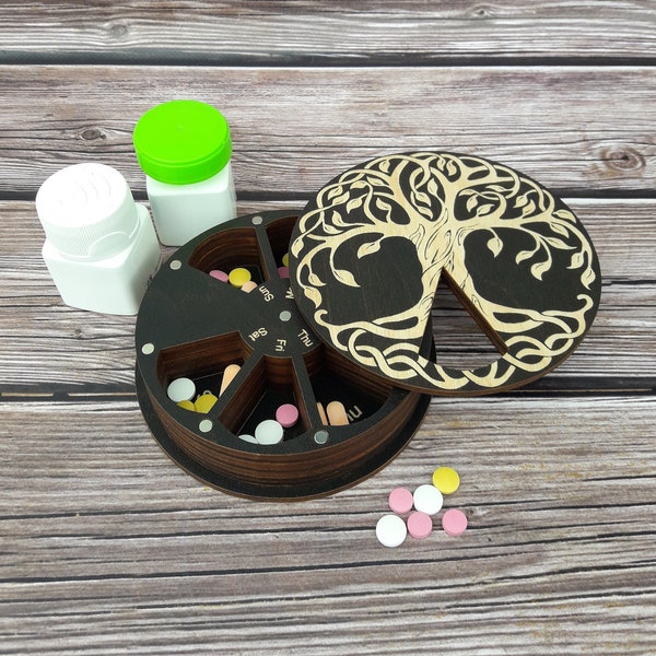 Large pill box 7 day, Weekly pill holder, 7 day pill organizer, Wood pill container, Cute pill case, Tree of life pill box, Vitamin box