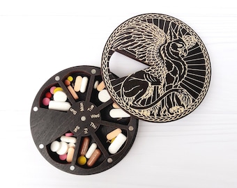Gryphon wooden 7-Day Pill Organizer, Magnetic Weekly Pill Box, Medicine container