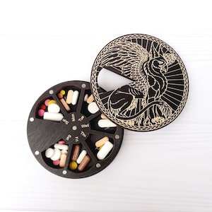 Gryphon wooden 7-Day Pill Organizer, Magnetic Weekly Pill Box, Medicine container