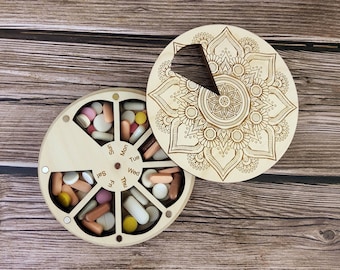 7 Day wood Pill Box, Rotating Magnetic Lid Pill Organizer, Mandala vitamin boxes