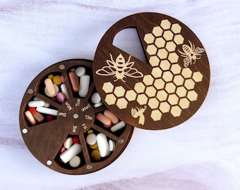 Bee Wooden Pill Box 7 Day, Rotating magnetic pill organizer, vitamin dispenser