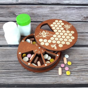 Bee Wooden 7-Day Pill Box: Medicine Organizer, Weekly pill case, Vitamin container