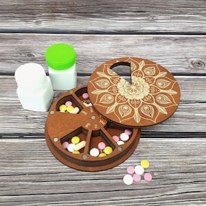 Wooden 7 Day Pill Box: Weekly Pill Organizer, Vitamin container
