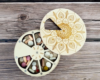 Wooden 7 Day Pill Box, Decorative Weekly Vitamin Organizer, Pill case, Meds storage